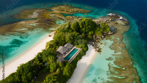 Aerial top view resort with pool on the island has beautiful nature on the background of the blue sea and rocky beach. View above at tropical piere island. Private accommodation on an island at sea.