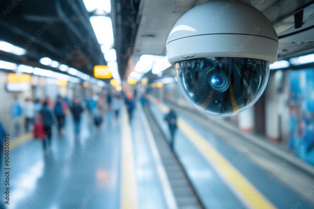 Security camera monitoring passengers on subway platform