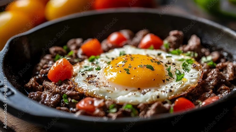 Half-fried egg with mouthwatering beef shines in this photo of a yummy breakfast. Its golden yolk perfectly blends with tender beef, providing a protein-packed start to your day. Half-fried egg with mouthwatering beef shines in this photo of a yummy breakfast. Its golden yolk perfectly blends with tender beef, providing a protein-packed start to your day.