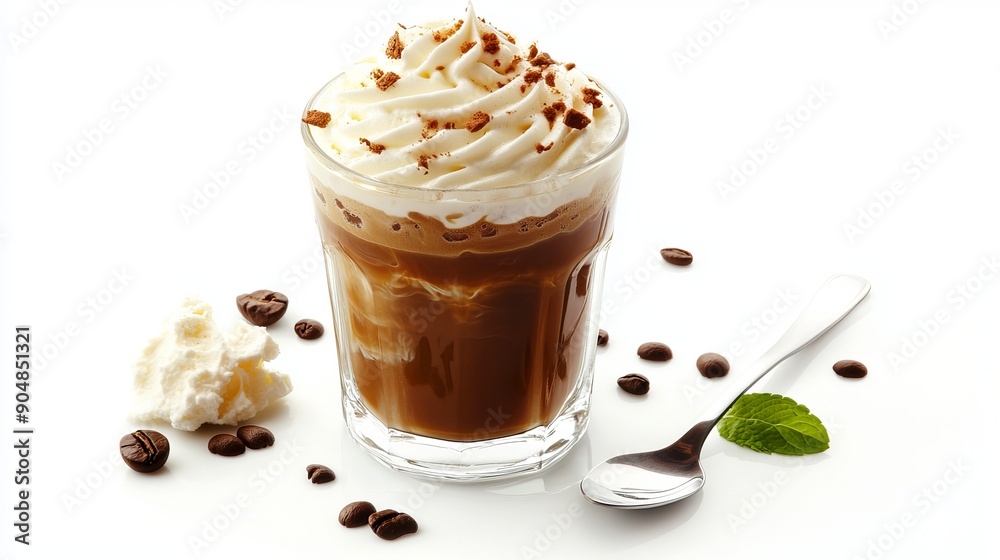 Iced coffee with cream and a spoon on a white background. Iced coffee with cream and a spoon on a white background.
