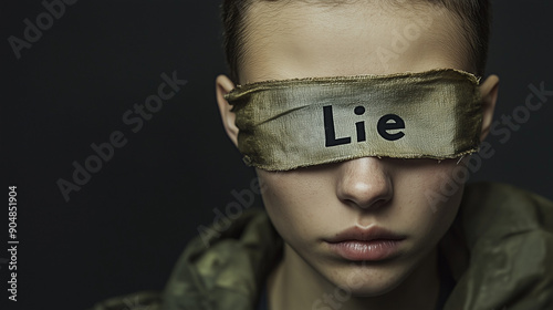 Lie cheat and deceive concept with female blind folded covering eyes with cloths isolated on dark background