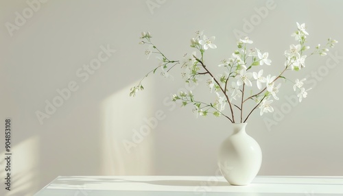 White flowers in elegant vase, side view, natural light, minimalist style