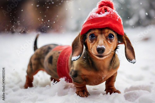 Small dachshund standing on snow. Little long dog wearing red hat in winter day. Domestic animal cute portrait outdoor photo