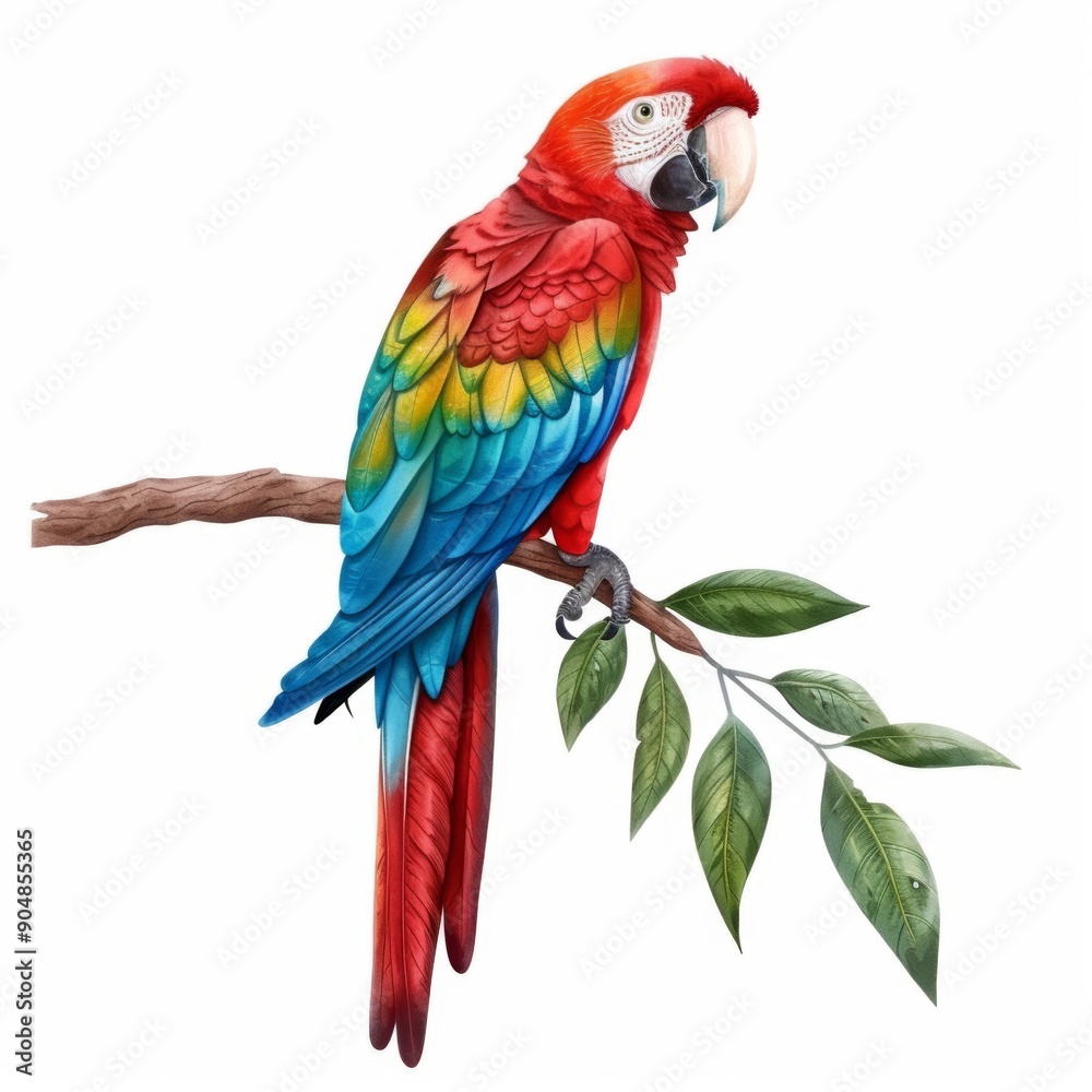 Obraz premium parrot with vibrant, colorful feathers rendered in watercolor style. Isolated on a white background