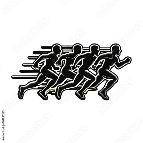 Four runners in silhouette, running in a line with black lines behind them, representing speed.