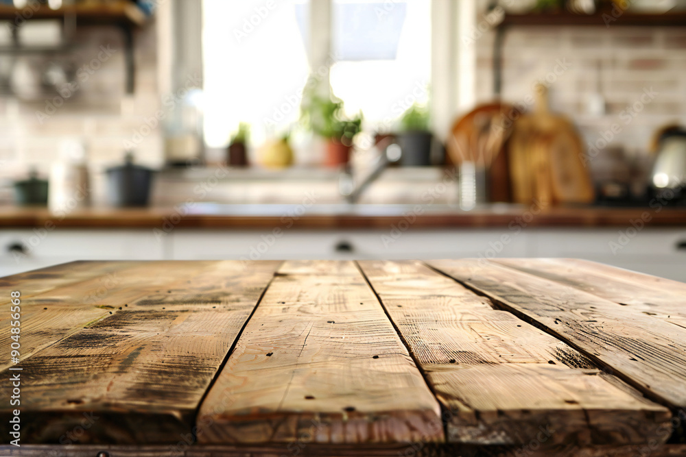 Rustic wooden table in cozy kitchen with farmhouse style decor Rustic wooden table in cozy kitchen with farmhouse style decor