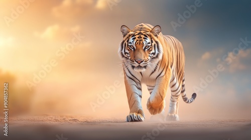a majestic tiger walking, isolated on background. natural sunlight 