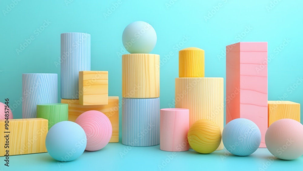 Abstract composition of colorful wooden shapes and pastel-colored spheres on an office desk, representing the creative process in product development for children's toys. Abstract composition of colorful wooden shapes and pastel-colored spheres on an office desk, representing the creative process in product development for children's toys.