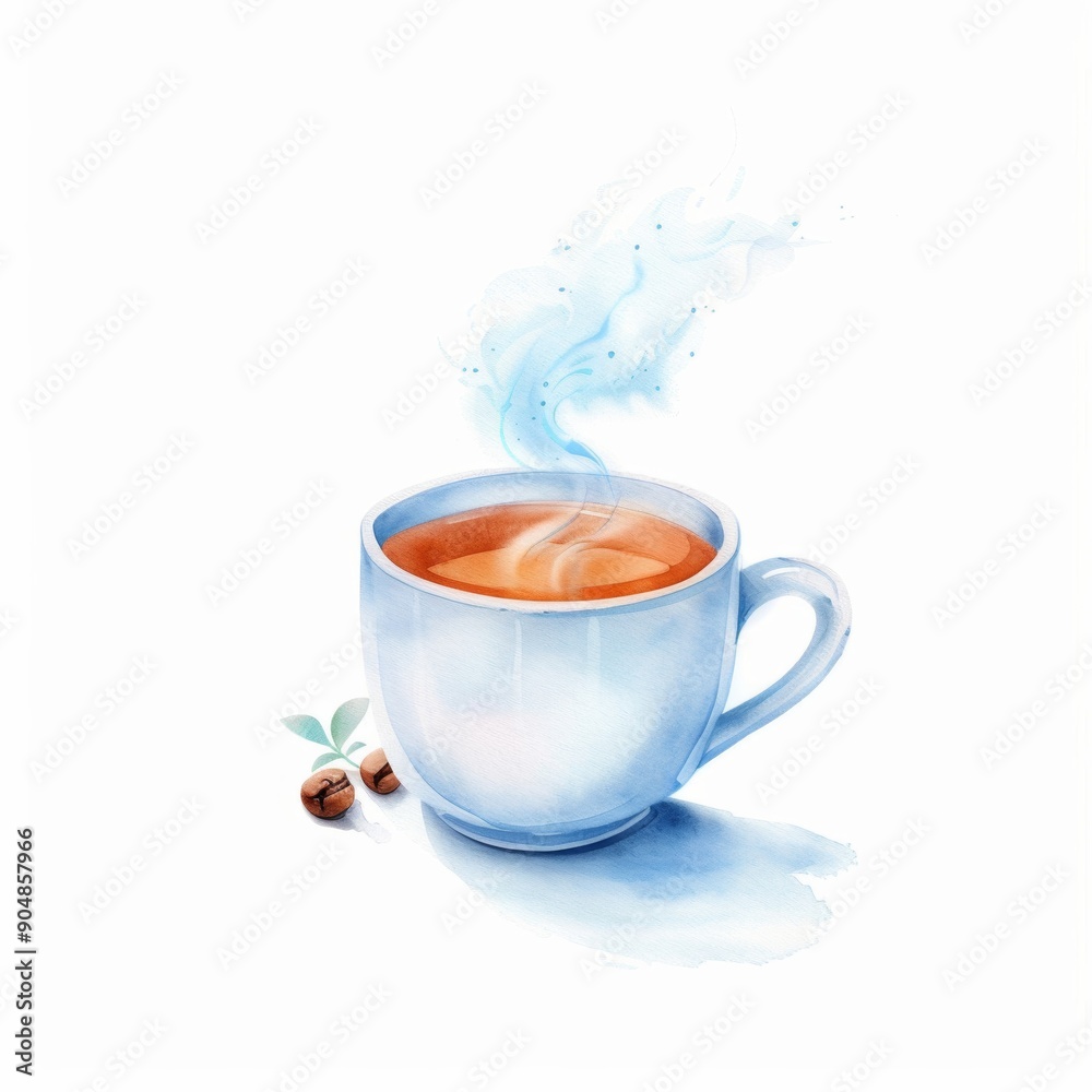 a cup of tea with steam rising from it, rendered in watercolor style. Isolated on a white background a cup of tea with steam rising from it, rendered in watercolor style. Isolated on a white background