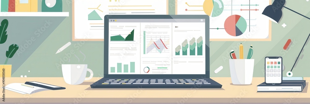 A home office is organized with a laptop displaying financial data, a smartphone, a coffee cup, and documents featuring charts and graphs, promoting productivity. Generative AI A home office is organized with a laptop displaying financial data, a smartphone, a coffee cup, and documents featuring charts and graphs, promoting productivity. Generative AI