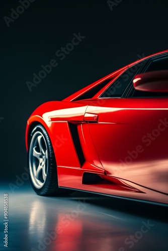 Perspective low-angle view of a red sports car in studio setting photo