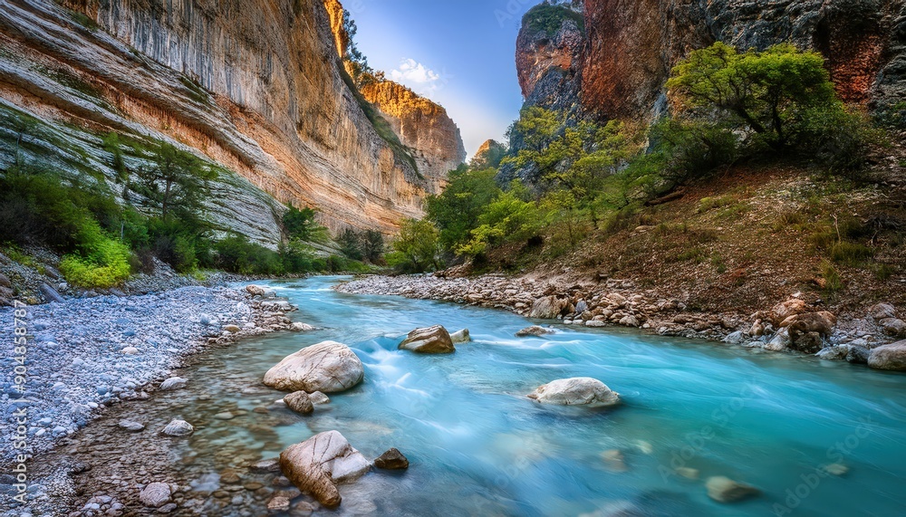 Naklejka premium A narrow, flowing body of water, smaller than a river, often found in natural settings with a gentle current.
