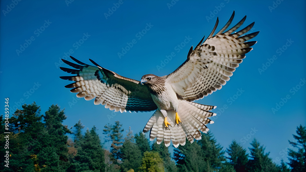 Fototapeta premium a hungry hawk soaring high above a dense forest