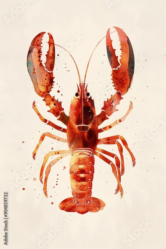 Watercolor red lobster on white with splashes photo