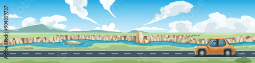 Horizontal view of asphalt road. Cars driving on the road. Landscape view of along the riverbank with deep cliffsmountain. under blue sky and white clouds. 