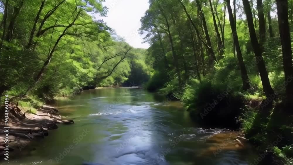 A serene riverside scene with lush trees and water gently flowing, evoking tranquility and connection to nature A serene riverside scene with lush trees and water gently flowing, evoking tranquility and connection to nature