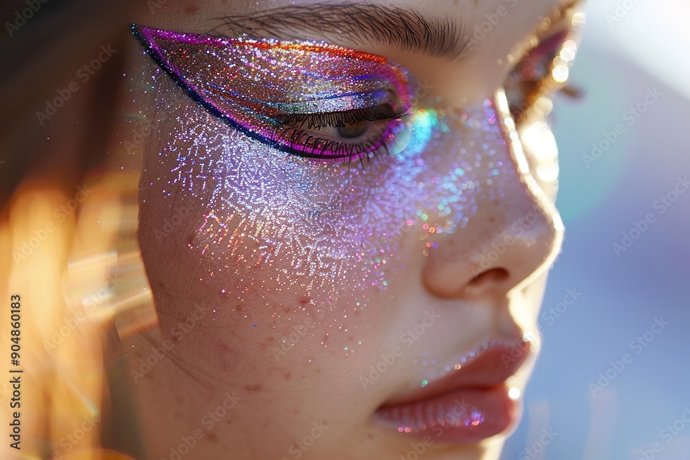 Close-up of glittery sci-fi makeup on woman's eye, sparkling in Close-up of glittery sci-fi makeup on woman's eye, sparkling in