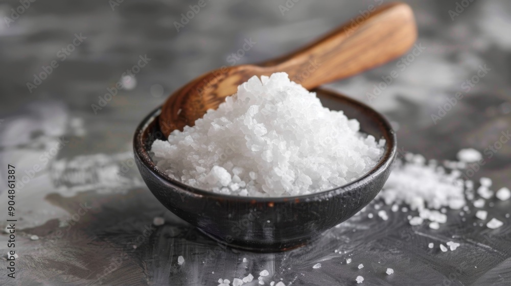 Close-Up View of Sea Salt in Wooden Spoon on Dark Textured Background Close-Up View of Sea Salt in Wooden Spoon on Dark Textured Background