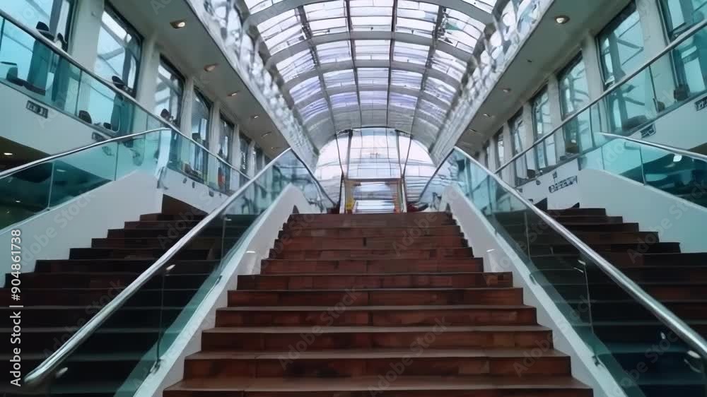 A spacious modern atrium featuring elegant glass ceilings and wooden stairs, emphasizing design and symmetry A spacious modern atrium featuring elegant glass ceilings and wooden stairs, emphasizing design and symmetry