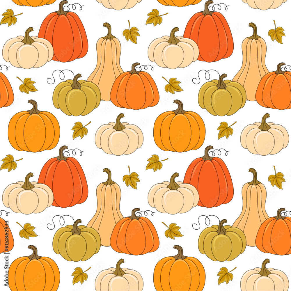Seamless vector pattern of autumn ripe pumpkins and fall leaves on white background, design for textile print, wallpaper, packaging. Seamless vector pattern of autumn ripe pumpkins and fall leaves on white background, design for textile print, wallpaper, packaging.