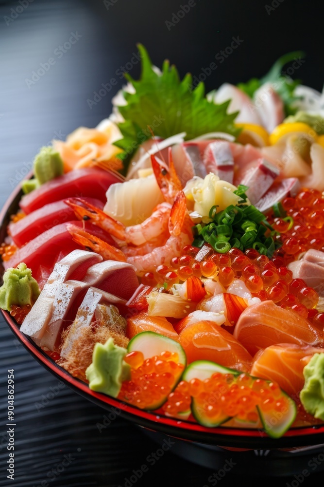 Delectable Sushi Bowl with Fresh Salmon, Shrimp, and Roe Delectable Sushi Bowl with Fresh Salmon, Shrimp, and Roe