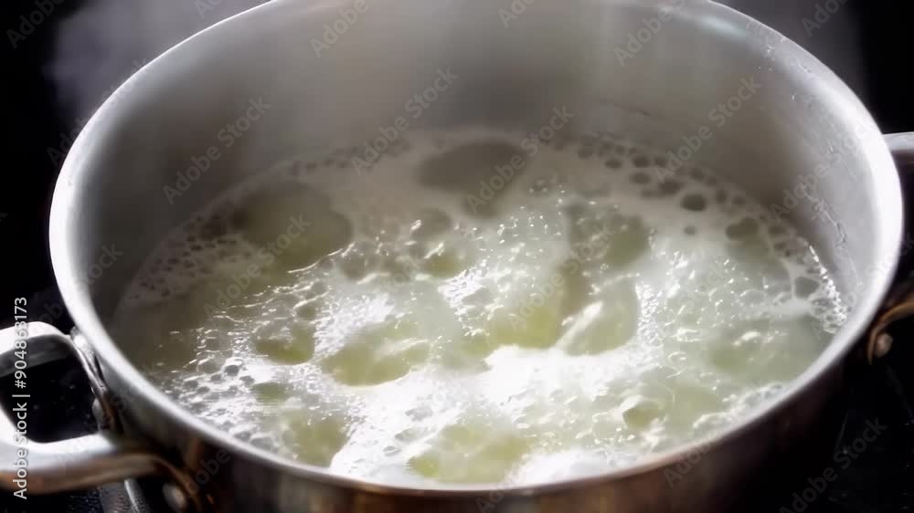 A close up of boiling water in a pot, depicting the cooking process with steam and bubbles, creating an inviting kitchen atmosphere