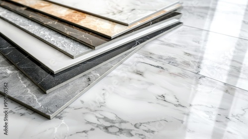Sample stack of luxury vinyl floor tiles on white marble floor for interior design © AkuAku