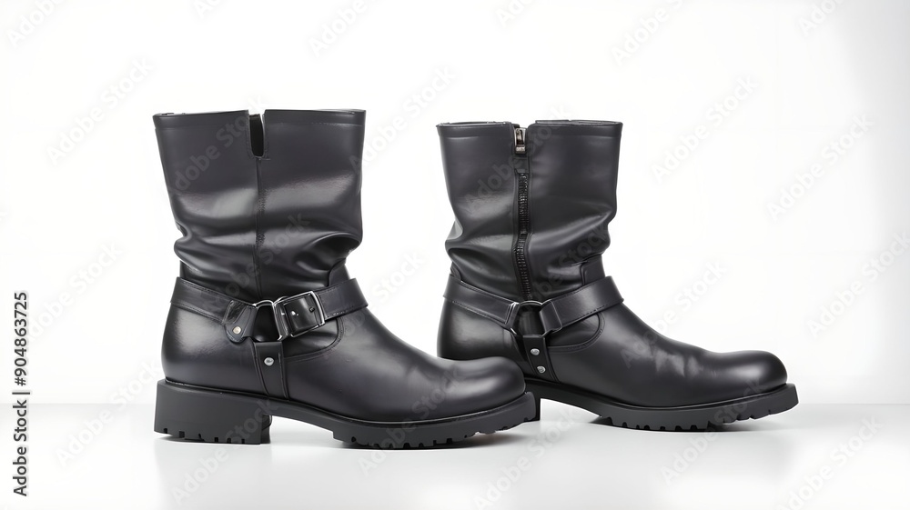 Black boots isolated on white background with space for text Black boots isolated on white background with space for text