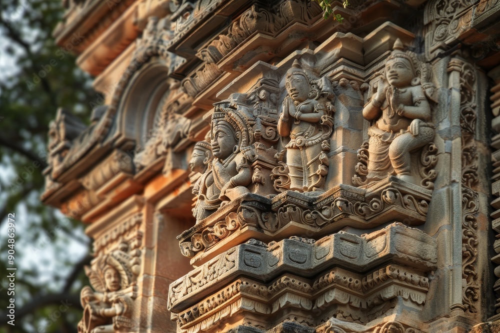 Fototapeta premium A Hindu temple featuring ornate carvings on the side of the building, Focus on the ornate carvings and decorations found on ancient temples