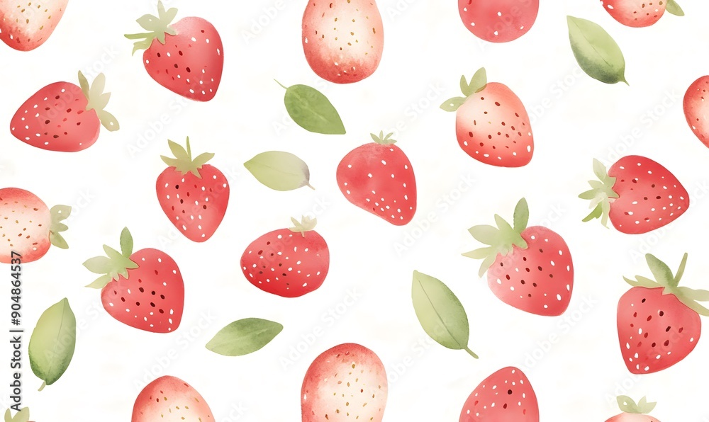Seamless Pattern of simple small red strawberries and green lelf in Watercolor texture background , Generative AI Seamless Pattern of simple small red strawberries and green lelf in Watercolor texture background , Generative AI