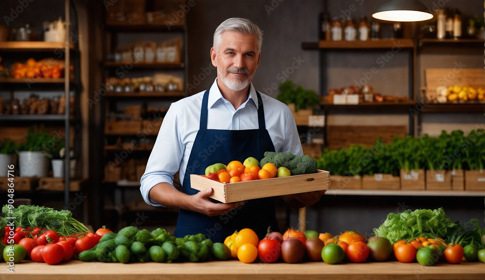 Obraz premium Seller of fresh farm vegetables and fruits behind the counter at the market in a fresh food store.