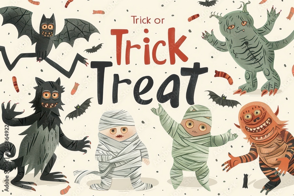 Naklejka premium Monster Mash Collage: A mix of friendly monsters, including mummies, vampires, and werewolves, having fun. The text 