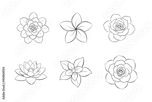 Line art of Six Flowers set illustration Vector