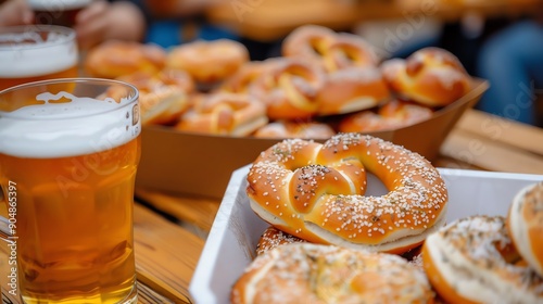 Oktoberfest beer garden with people enjoying pretzels and beer, Holiday festival leisure, cultural delight photo