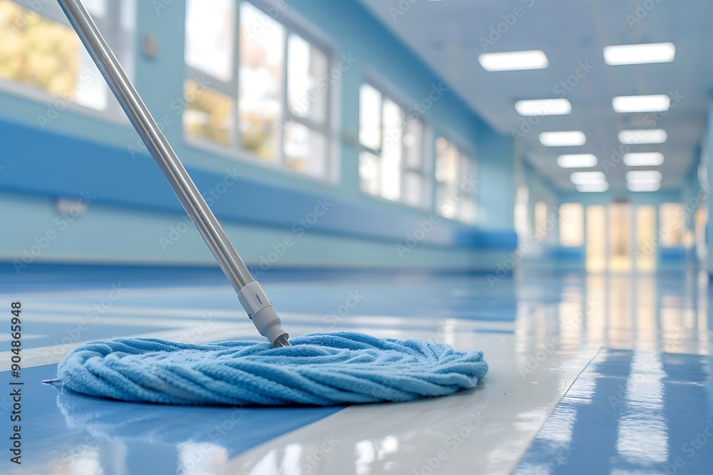 Close-up of mop cleaning blue and white hospital floor, professional color grading, sharp focus, photo-realistic. Close-up of mop cleaning blue and white hospital floor, professional color grading, sharp focus, photo-realistic.