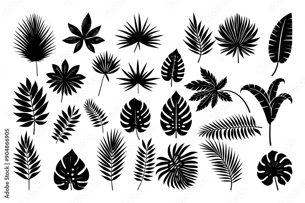 Vector collection of tropical palm leaves silhouettes. Ideal for creating vibrant summer designs, beach-themed graphics, and nature-inspired artwork. Vector collection of tropical palm leaves silhouettes. Ideal for creating vibrant summer designs, beach-themed graphics, and nature-inspired artwork.