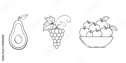 Set of Fruit Line Art Illustrations Featuring Avocado, Grapes, and Apples
