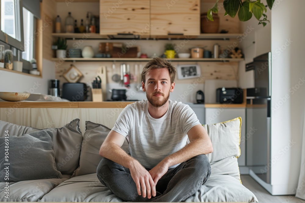 Young man sitting on sofa in modern apartment Young man sitting on sofa in modern apartment