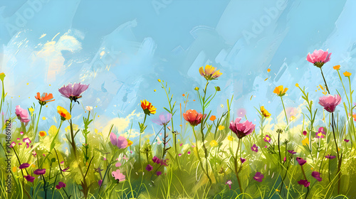 wildflowers blue sky and flowers watercolor background,generative ai