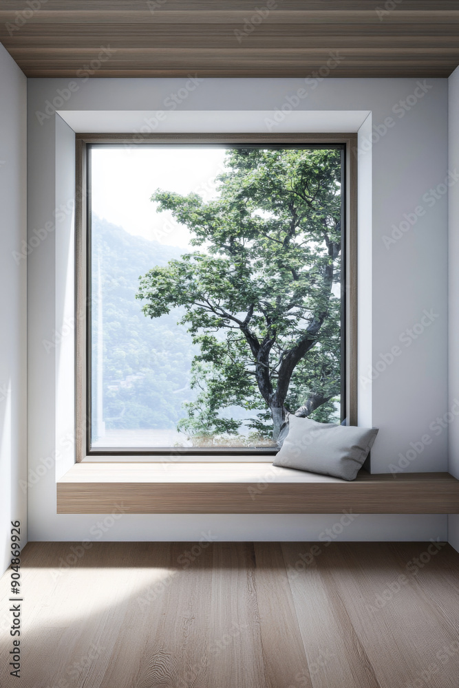 Large window in a luxury property room with minimal furniture and beige wall panels. Residential realty interiors with minimalist furniture. Large window in a luxury property room with minimal furniture and beige wall panels. Residential realty interiors with minimalist furniture.