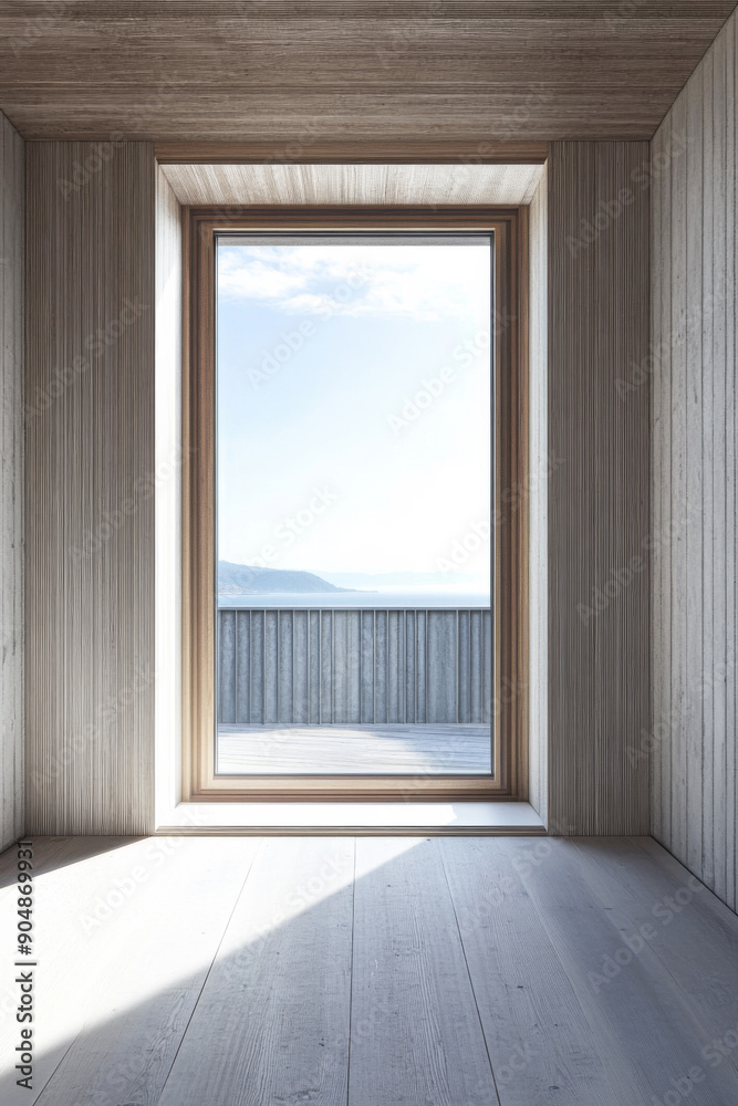 Large window in a luxury property room with minimal furniture and beige wall panels. Residential realty interiors with minimalist furniture. Large window in a luxury property room with minimal furniture and beige wall panels. Residential realty interiors with minimalist furniture.