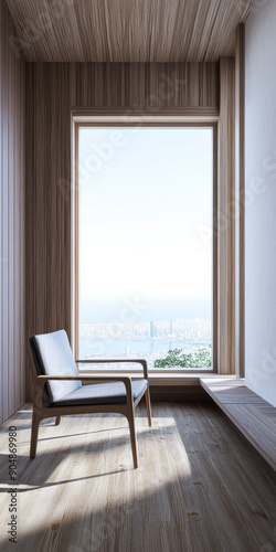 Large window in a luxury property room with minimal furniture and beige wall panels. Residential realty interiors with minimalist furniture. © JuanM