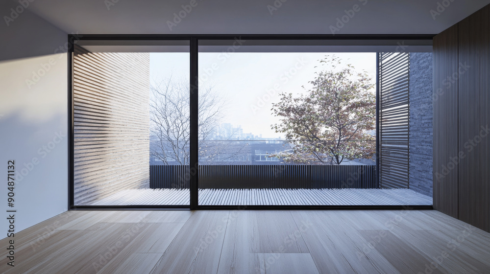 Fototapeta premium Large window in a luxury property room with minimal furniture and beige wall panels. Residential realty interiors with minimalist furniture.