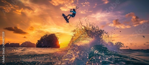 Kitesurfer Soaring Over a Wave at Sunset