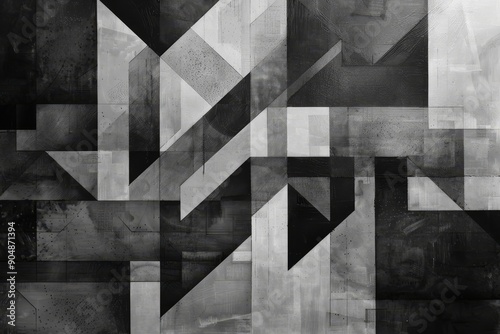 Black and white abstract painting featuring various geometric shapes in a harmonious composition, Form a geometric design using various shades of grey photo