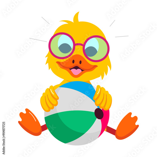 A flat style sticker of beach duck playing with ball 

