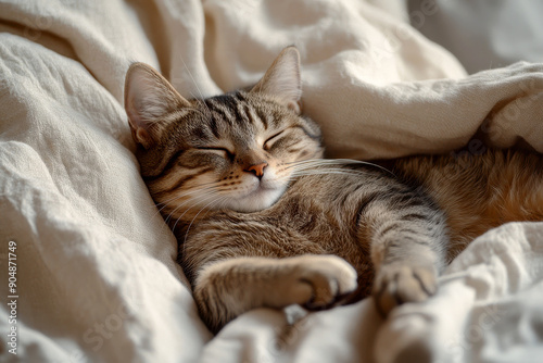 Cute little cat peacefully sleeping on cozy blanket , cat, kitten, nap, resting, cozy, comfort, feline, cute, pet, domestic