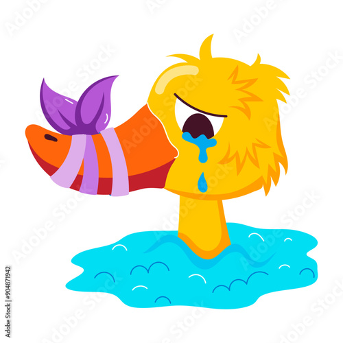 Cartoon style sticker of hurt duck crying 

