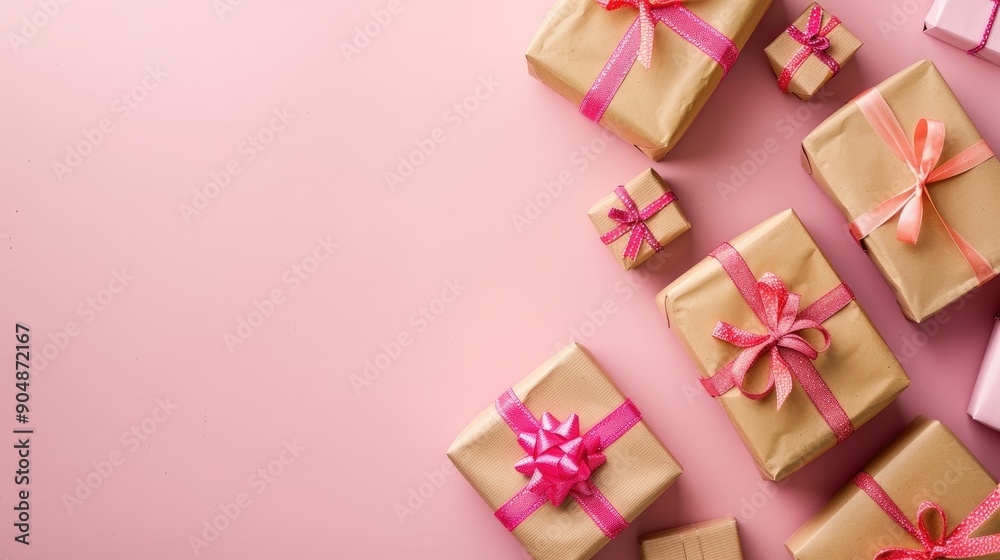 Assortment of wrapped gifts on pink background with copy space Assortment of wrapped gifts on pink background with copy space