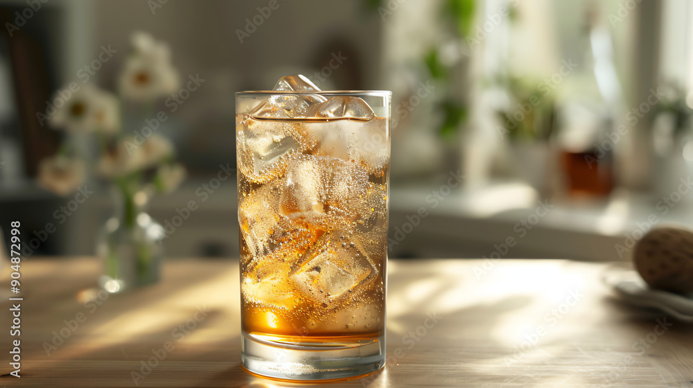 Refreshing Cold Beverage With Ice Cubes on Wooden Table in Bright Room Refreshing Cold Beverage With Ice Cubes on Wooden Table in Bright Room